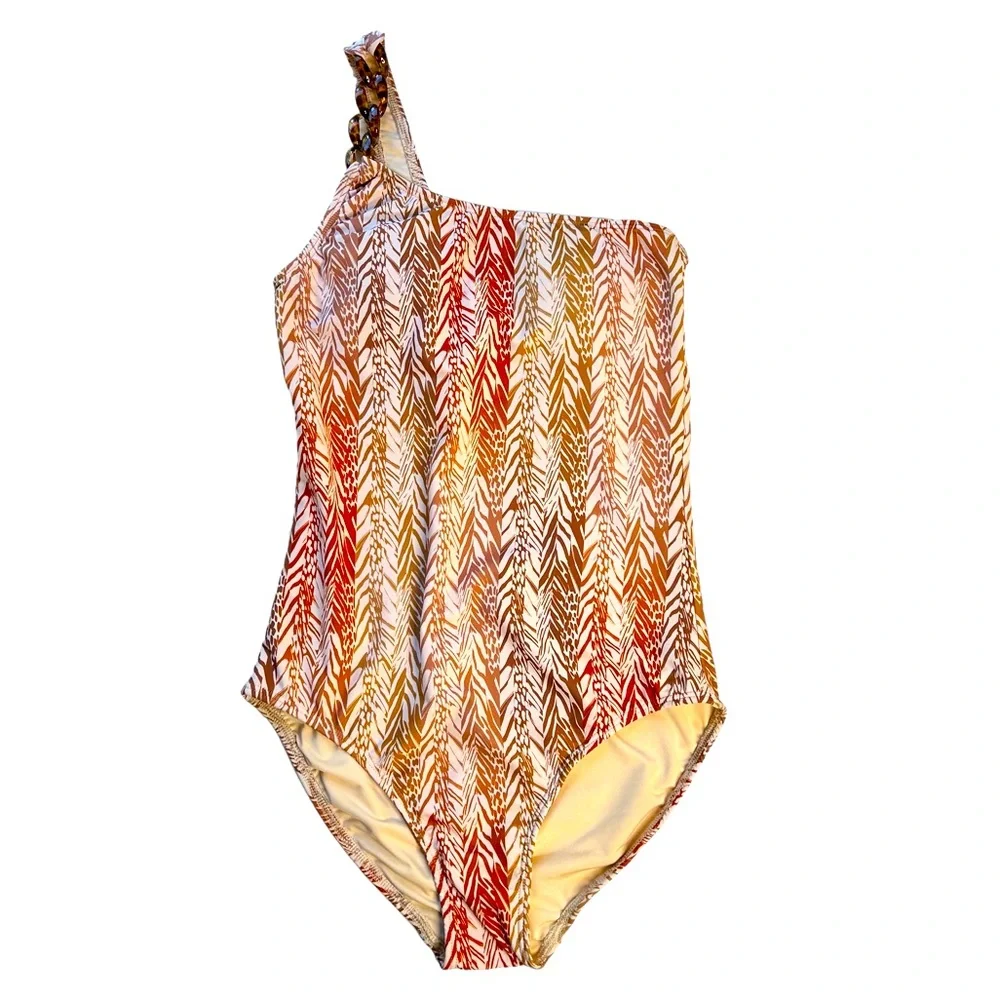 Shoshanna One Piece Swimsuit One Shoulder Chain Detail Amber Safari Print Size 4